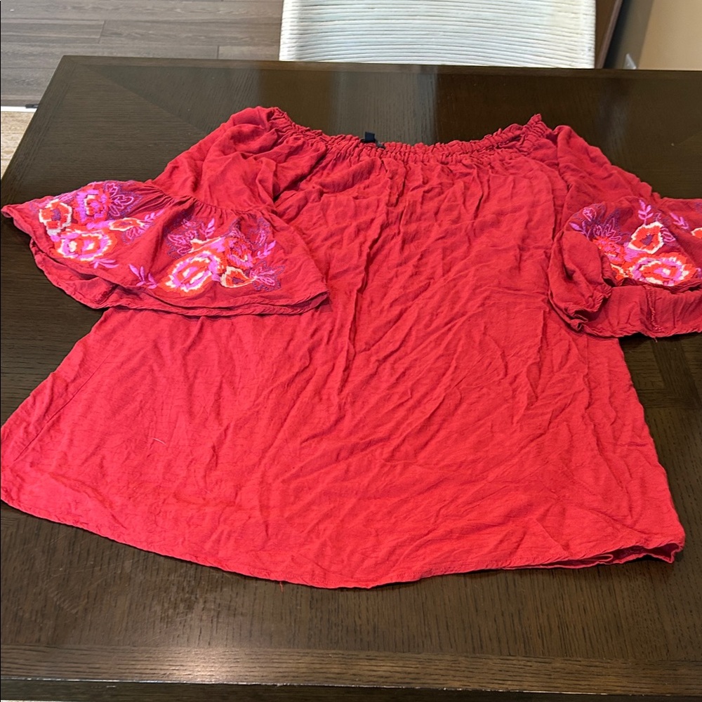 Lux Red Off-Shoulder Embroidered Sleeve Mini Dress